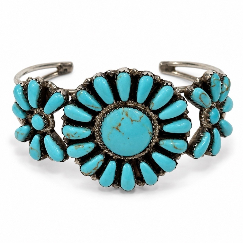 Signed RW Sterling Silver Turquoise Stone Cluster Flower Cuff Bracelet 6" 19.91g